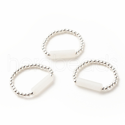 Natural White Jade Column Beaded Finger Ring with Synthetic Hematite RJEW-JR00461-02-1