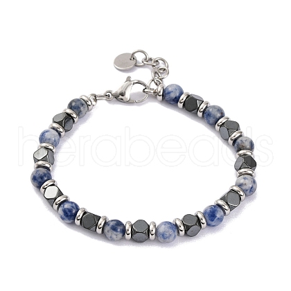 Natural Sodalite & Magnetic Synthetic Hematite Round Beaded Bracelet BJEW-P339-02P-05-1