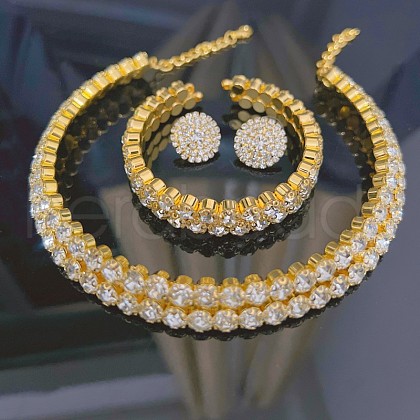 Flat Round Alloy Rhinestone Chain Bracelets & Stud Earrings & Multilayer Chain Necklaces FS-WG65918-04-1