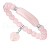 Natural Rose Quartz Curved Rectangle Stretch Braclets with Heart Charm PW-WG54678-02-1