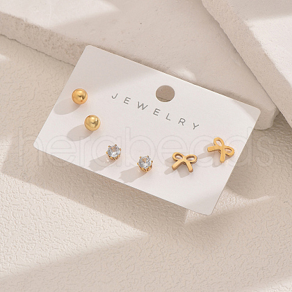 3Pairs Stainless Steel Bowknot & Round Stud Earrings XC9649-1