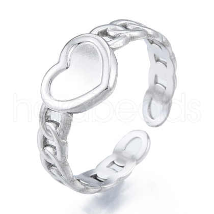 Non-Tarnish 304 Stainless Steel Heart with Chain Cuff Rings RJEW-N038-127P-1
