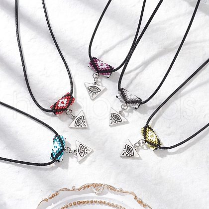 Glass Seed Beaded & Alloy Triangle Evil Eye Pendant Necklaces NJEW-MZ00110-1