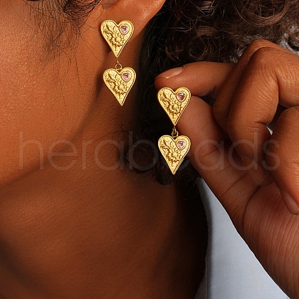 304 Stainless Steel Cubic Zirconia Heart Dangle Stud Earrings EJEW-Q044-03G-1
