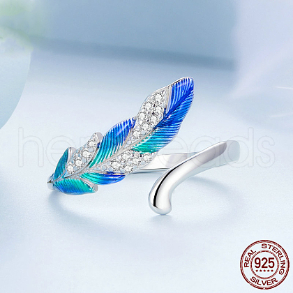 Feather Rhodium Plated 925 Sterling Silver Micro Pave Clear Cubic Zirconia Enamel Adjustable Cuff Rings FS-WG2F112-01-1