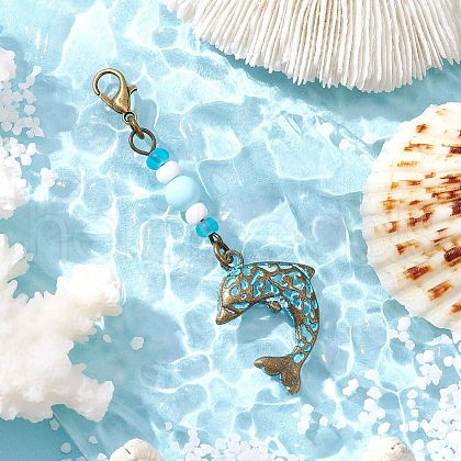 Ocean Theme Alloy Charm & Glass Beads Pendant Decorations HJEW-JM03158-08-1