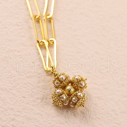 Flower Brass & Imitation Pearl Cluster Pendant Necklaces for Women FS-WGCA146-01-1