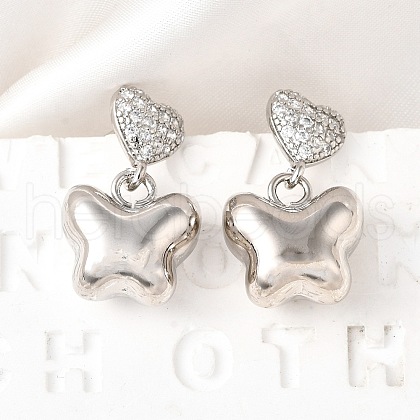 Heart with Butterfly Brass Micro Pave Clear Cubic Zirconia Dangle Stud Earrings EJEW-Z099-01P-1