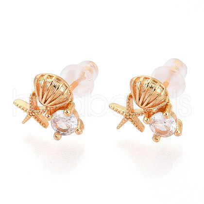 Shell Shape & Starfish Brass Micro Pave Clear Cubic Zirconia Stud Earrings EJEW-T047-35G-1
