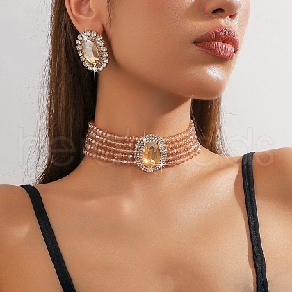 Oval Brass & Glass & Plastic Pearl Beaded Chain Collar & Stud Earrings Sets FS-WG5CD09-02-1