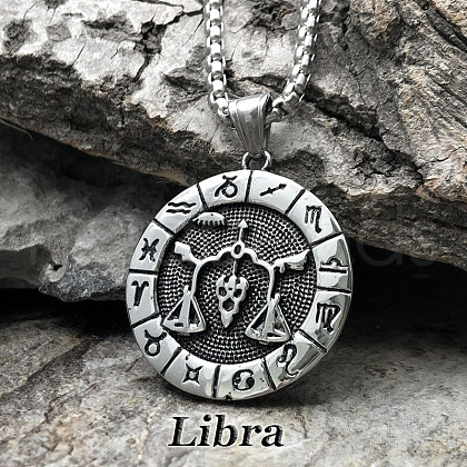Flat Round with Engraved Twelve Constellation Alloy Pendant Necklace for Women Men WG25F4B-02-1