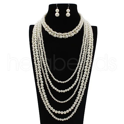 Plastic Pearl Round Beaded Multilayer Necklaces & Dangle Earrings Sets FS-WG7C7AA-06-1