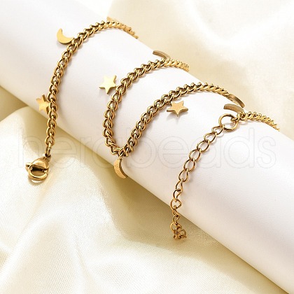 304 Stainless Steel Twisted Chain Necklaces with Moon Star Charm Tassel NJEW-R023-05G-1