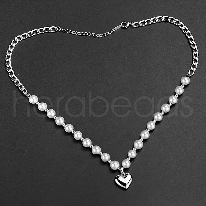 Hip-Hop Style 304 Stainless Steel & Plastic Pearl Heart Pendant Necklaces FS-WGD9F57-01-1