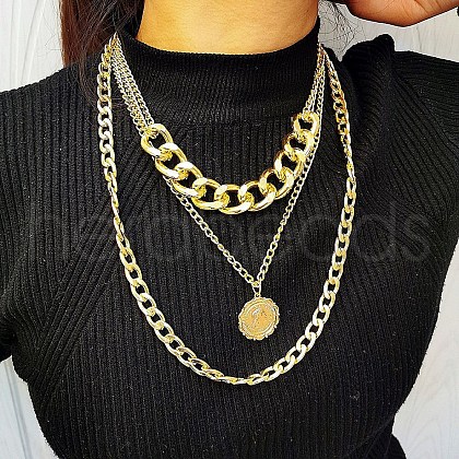 Alloy Disc Pendant 3 Layer Necklaces for Women FS-WGAC560-01-1