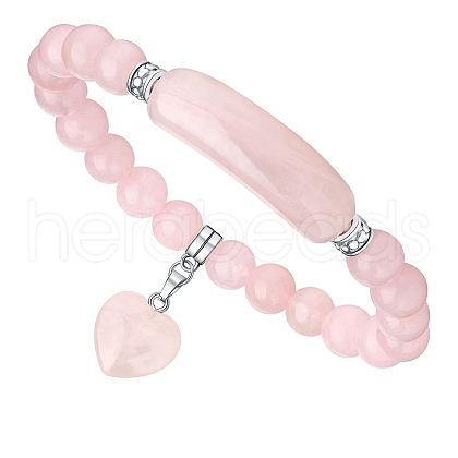 Natural Rose Quartz Curved Rectangle Stretch Braclets with Heart Charm PW-WG54678-02-1