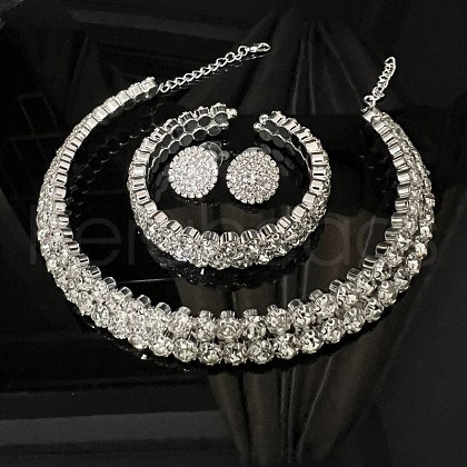 Flat Round Alloy Rhinestone Chain Bracelets & Stud Earrings & Multilayer Chain Necklaces FS-WG65918-03-1