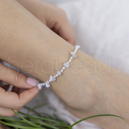 Alloy & Glass Seed Beaded & Natural White Jade Chip Anklets WG69FBA-05-1