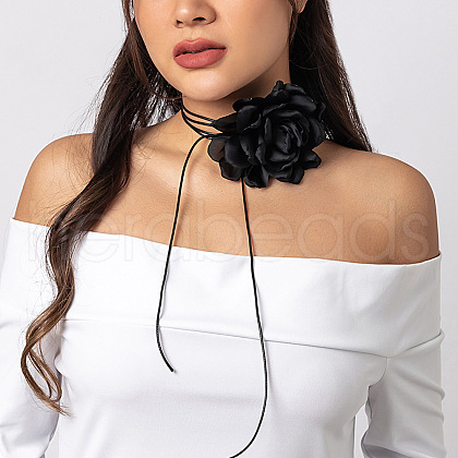 Retro Cloth Rose Flower Waxed Cord Wrap Choker Necklaces for Women WG01AE5-03-1