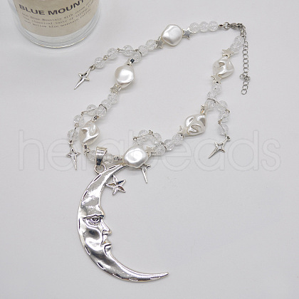 Moon Star Alloy & Silver Color Plastic Imitation Pearl Big Pendant Necklaces for Women FS-WG21961-01-1