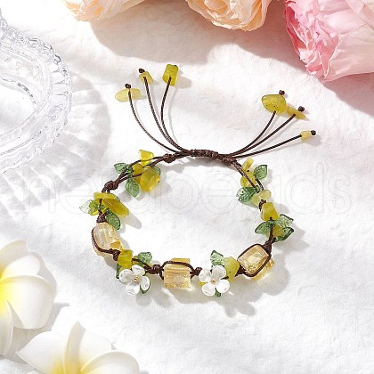 Electroplated Natural Olive Jade Chip Bead Braided Bead Bracelets for Women BJEW-TA00610-03-1