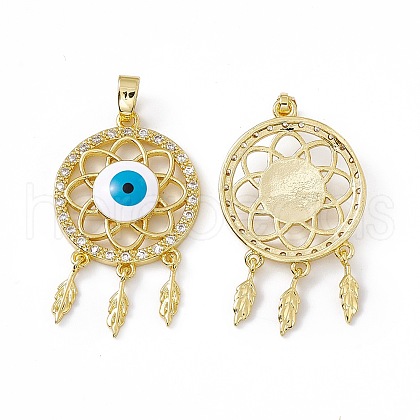 Woven Net/Web with Feather Brass Micro Pave Cubic Zirconia Pendants KK-E068-VC057-1