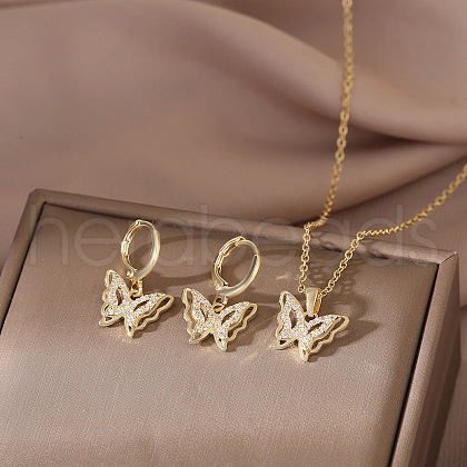 Butterfly Brass Micro Pave Clear Cubic Zirconia Pendant Necklace & Hoop Earring Sets FS-WG0D8FB-01-1