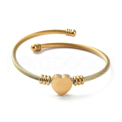 304 Stainless Steel Cuff Bangle with 201 Stainless Steel Heart Beaded BJEW-Z014-01G-1
