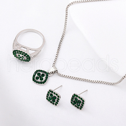 Rhombus Alloy with Rhinestone Pendant Necklace & Stud Earring & Ring FS-WGFED7A-06-1