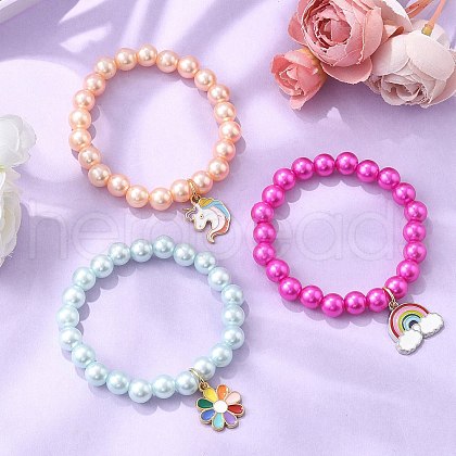 3Pcs 3 Colors ABS Plastic Imitation Pearl Beads Stretch Bracelets BJEW-JB11584-1