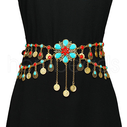 Bohemian Ethnic Style Alloy Pave Red & Deep Sky Blue Synthetic Turquoise Tassel Waist Chains FS-WG7CE59-02-1
