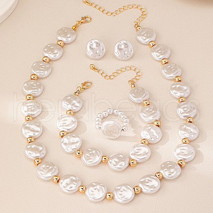Flat Round Plastic Pearl Beaded Necklaces & Beaded Bracelets & Stud Earrings & Rings Sets FS-WG25F9C-01-1