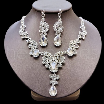 Teardrop Alloy Rhinestone Pendant Necklaces & Stud Earrings Sets FS-WG537BF-01-1