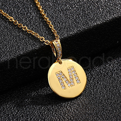 Brass Micro Pave Clear Cubic Zirconia Flat Round with Letter Pendant Necklaces FS-WG00655-13-1