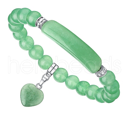 Natural Green Aventurine Curved Rectangle Stretch Braclets with Heart Charm PW-WG54678-04-1