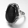 Adjustable Oval Brass Natural Black Agate Wide Band Rings RJEW-L062-03O-2