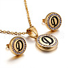 Flat Round with Letter Pattern 304 Stainless Steel Crystal Rhinestone Pendant Necklace & Stud Earring FS-WG33EDD-04-1