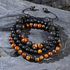3Pcs Matte Natural Black Agate & Tiger Eye Adjustable Braided Bracelets Sets for Men WA4886-1