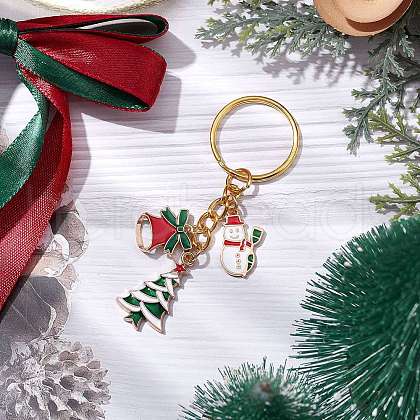 2Pcs Christmas Tree & Snowman & Bell Alloy Enamel Keychain KEYC-JKC00922-S-1
