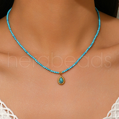 Stainless Steel Pave Synthetic Turquoise Drop Pendant Round Beaded Necklaces for Women Daily Elegant Jewelry YJ5982-1
