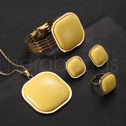 Square 304 Stainless Steel Resin Bangles & Rings & Earrings & Necklaces Sets for Women FS-WG63C6A-03-1