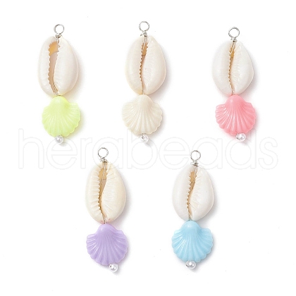 Natural Cowrie Shell & Plastic Shell Shape Pendants PALLOY-JF03808-1