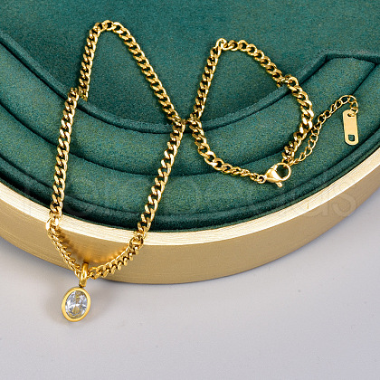 Oval Stainless Steel Clear Cubic Zirconia Pendant Necklaces & Curb Chain Bracelets Sets FS-WG5D0A2-01-1