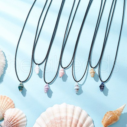 Handmade Porcelain Shell Shaped Pendant Black Waxed Cotton Cord Necklaces NJEW-JN05271-1