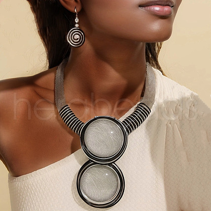 Flat Round Alloy with Aluminium Wire Wrapped Resin Pendant Necklace & Dangle Earrings Sets FS-WGE917F-05-1
