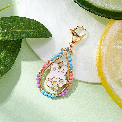 Easter Teadrop Glass Seed Beaded & Alloy Enamel Rabbit Pendant Decorations HJEW-MZ00187-02-1