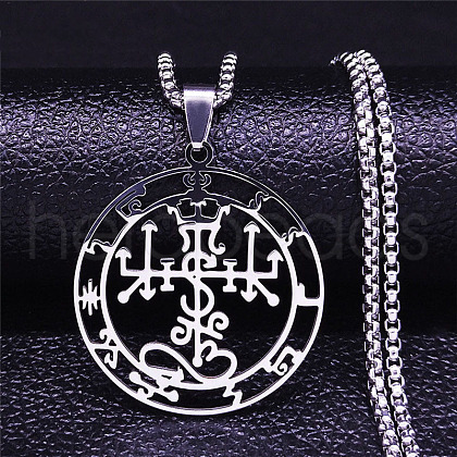 304 Stainless Steel Flat Round Sigil Pendant Necklaces NJEW-H065-19P-1