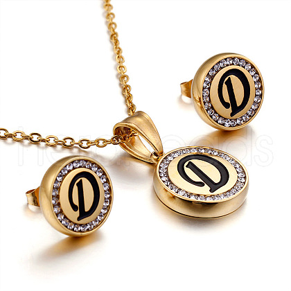 Flat Round with Letter Pattern 304 Stainless Steel Crystal Rhinestone Pendant Necklace & Stud Earring FS-WG33EDD-04-1