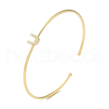 Rack Plating Brass Micro Pave Clear Cubic Zirconia Letter Open Cuff Bangles BJEW-A018-01G-U-1