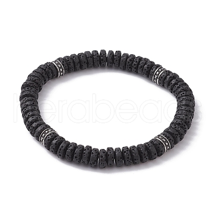 Natural Lava Rock & 304 Surgical Stainless Steel Disc Beaded Stretch Bracelet BJEW-JB09689-02-1